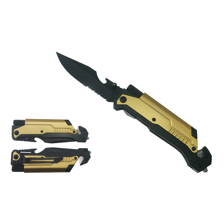 8 1/2" Folding Knife with LED light, cutter, glass breaker - Gold