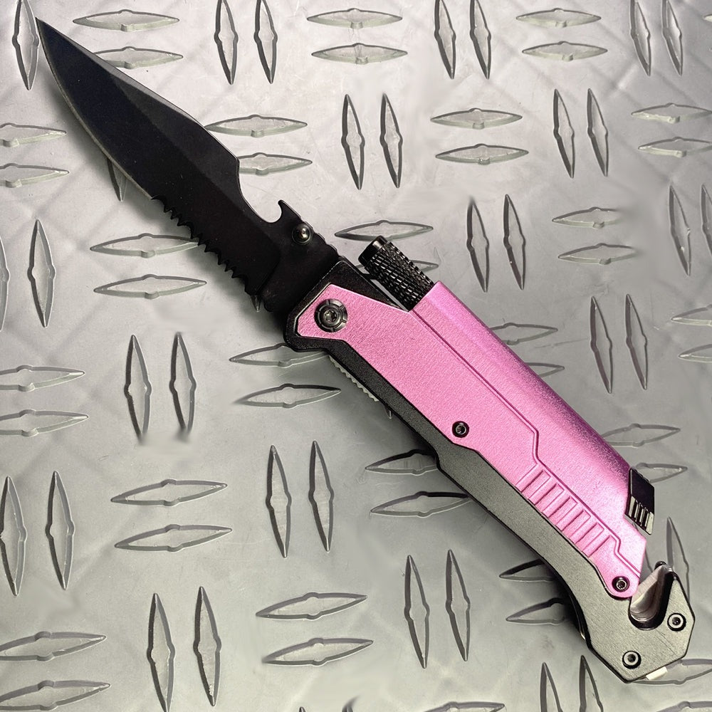 8 1/2" Folding Knife with LED light, cutter, glass breaker - Pink