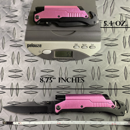 8 1/2" Folding Knife with LED light, cutter, glass breaker - Pink