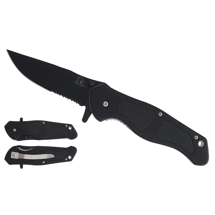 Falcon  Black Rubber Handle Spring Assisted Knife