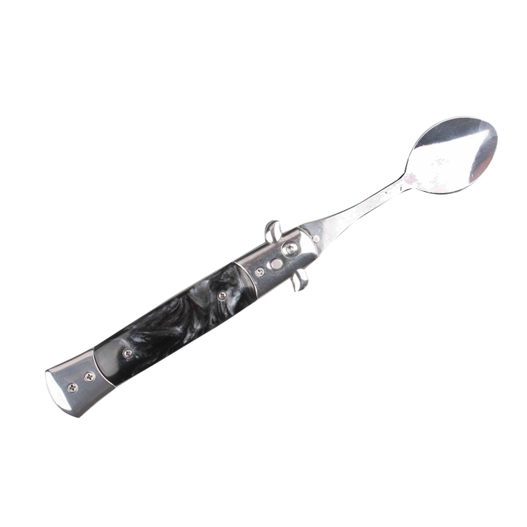 5" Spring Assisted Spoon with faux black marble handle, Gift knives and novelties