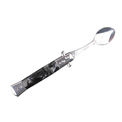 5" Spring Assisted Spoon with faux black marble handle, Gift knives and novelties