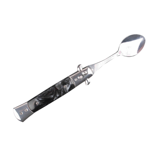 5" Spring Assisted Spoon with faux black marble handle, Gift knives and novelties