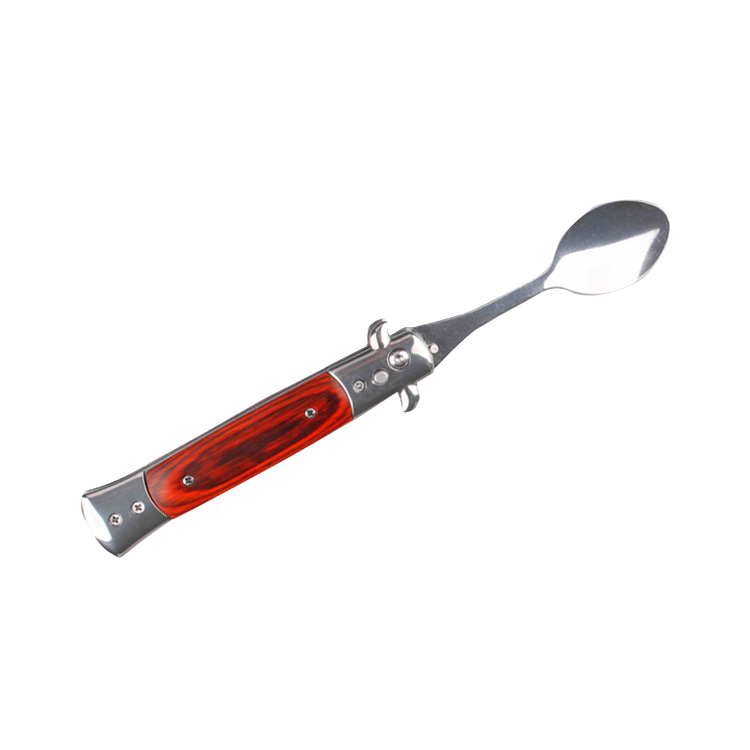 5" Spring Assisted Spoon with wood handle, Gift knives and novelties