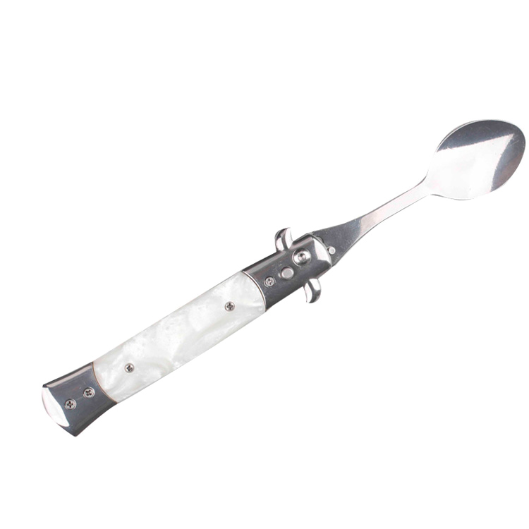 5" Spring Assisted Spoon with faux white marble handle, Gift knives and novelties