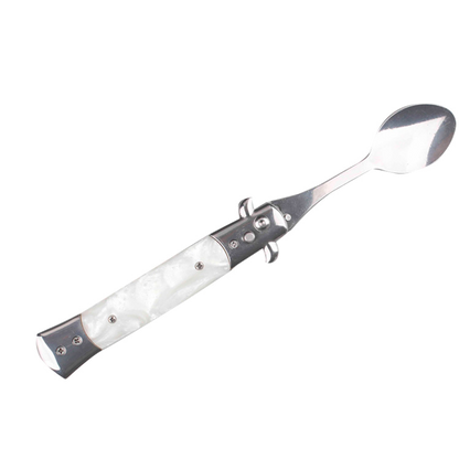 5" Spring Assisted Spoon with faux white marble handle, Gift knives and novelties