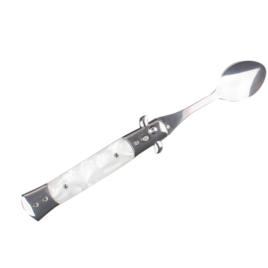 5" Spring Assisted Spoon with faux white marble handle, Gift knives and novelties