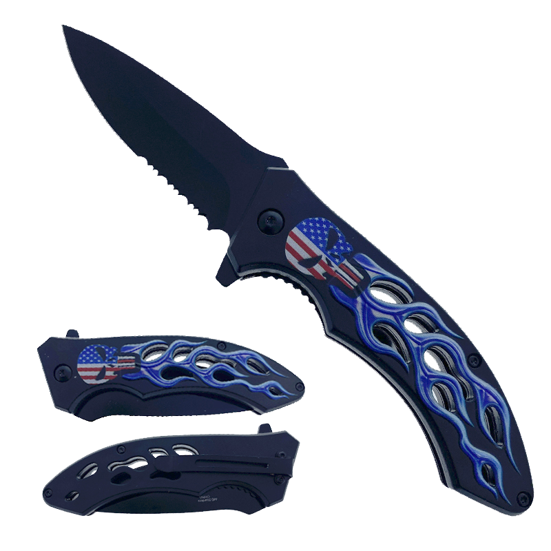 Falcon 7.25" Overall Semi-Automatic Folding Knife Flame Handle Blue and Black