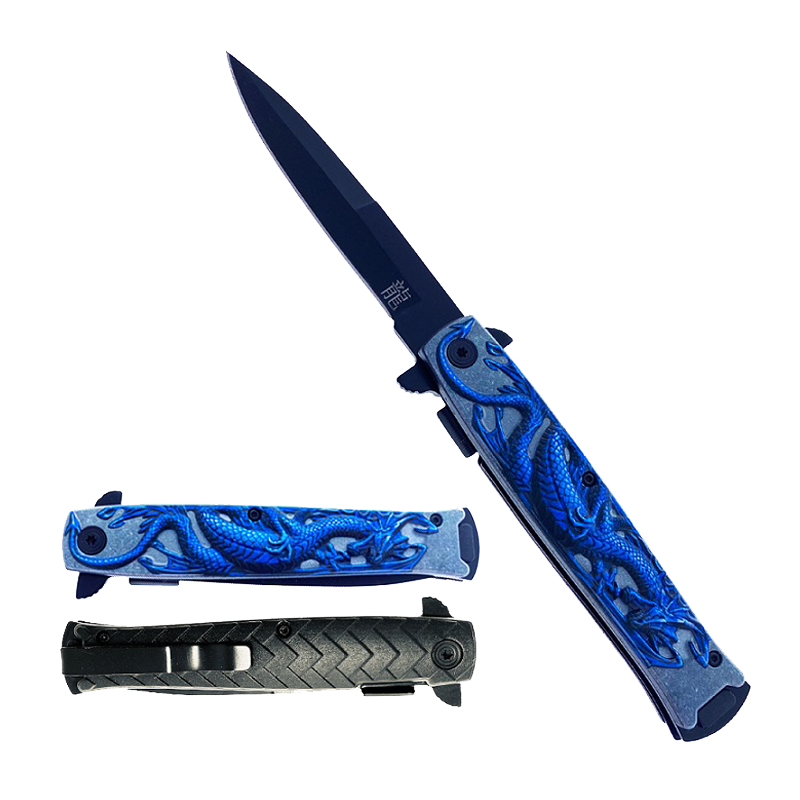 Falcon 8" Overall Spring Assisted Knife W/Abstract Blue Dragon Handle