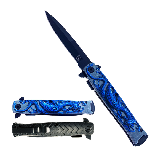 Falcon 8" Overall Spring Assisted Knife W/Abstract Blue Dragon Handle