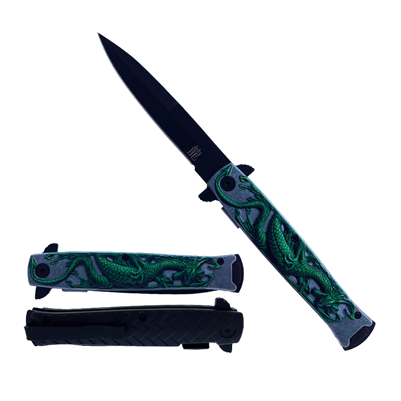 Falcon 8" Overall Spring Assisted Knife W/Abstract Green Dragon Handle