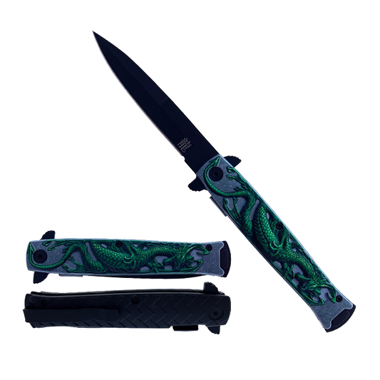 Falcon 8" Overall Spring Assisted Knife W/Abstract Green Dragon Handle