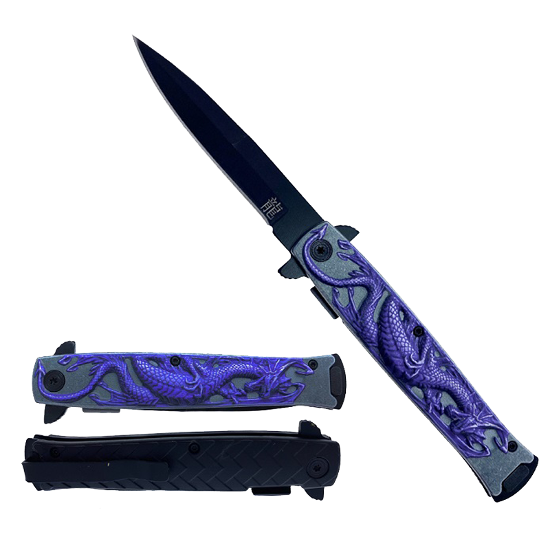 Falcon 8" Overall Spring Assisted Knife W/Abstract Purple Dragon Handle