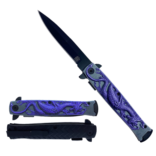 Falcon 8" Overall Spring Assisted Knife W/Abstract Purple Dragon Handle