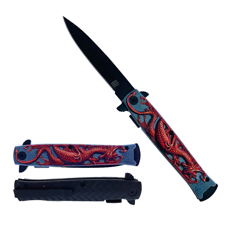 Falcon 8" Overall Spring Assisted Knife W/Abstract Red Dragon Handle