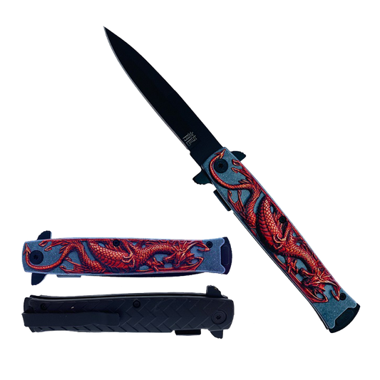 Falcon 8" Overall Spring Assisted Knife W/Abstract Red Dragon Handle