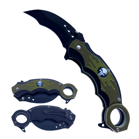 Falcon 8.25" Overall Spring Assisted Knife Black Skull Design