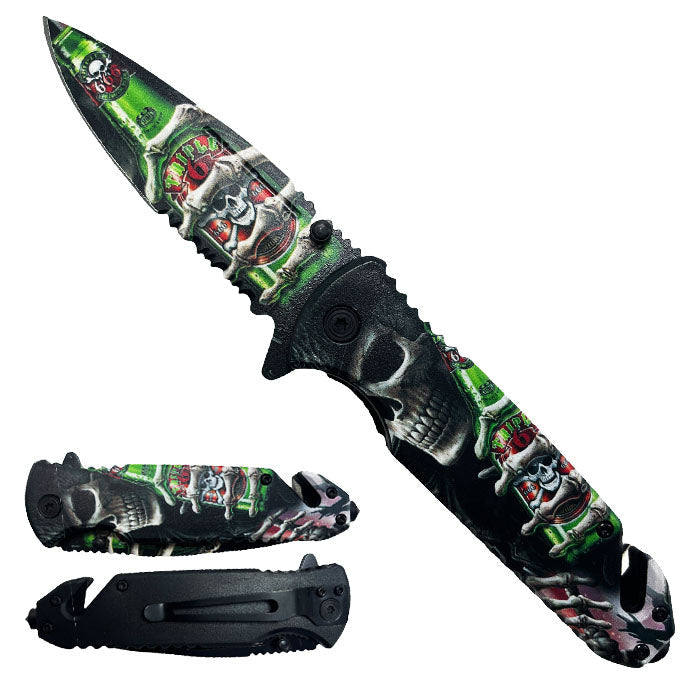 7.75" Green Skull Semi Automatic Spring Assisted Knife