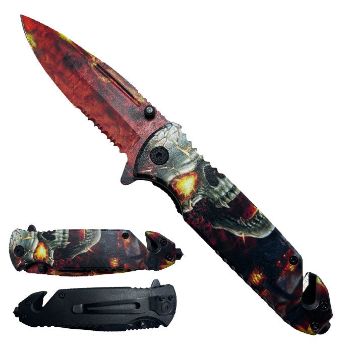 7.75" Semi Automatic Spring Assisted Knife Fire Skull Design