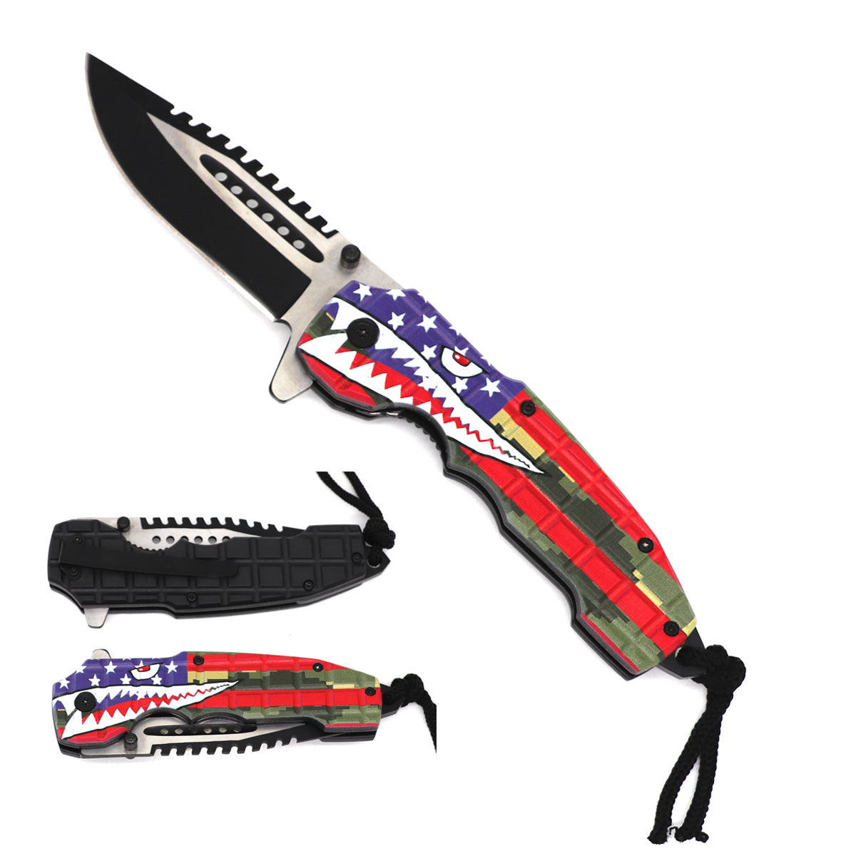 8" Overall Spring Assisted Knife Camo Shark Handle