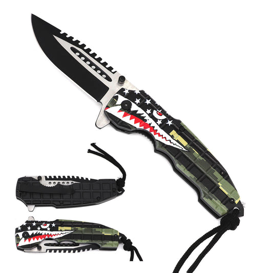 8" Overall Spring Assisted Knife Black Camo Shark Handle