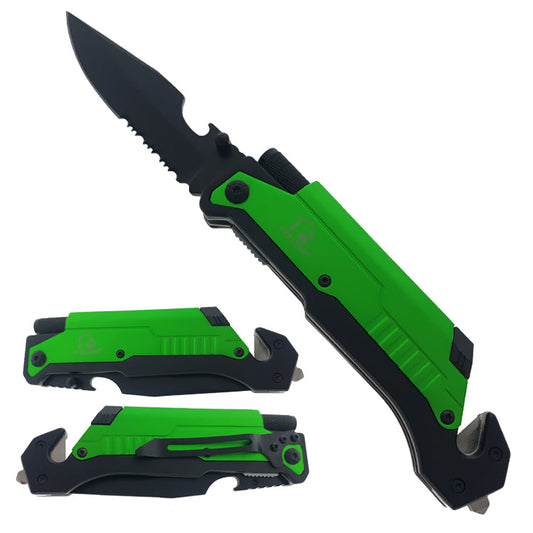 Falcon 8.25" Spring Assisted Knife Green Handle w/ Fire Starter & Flashlight