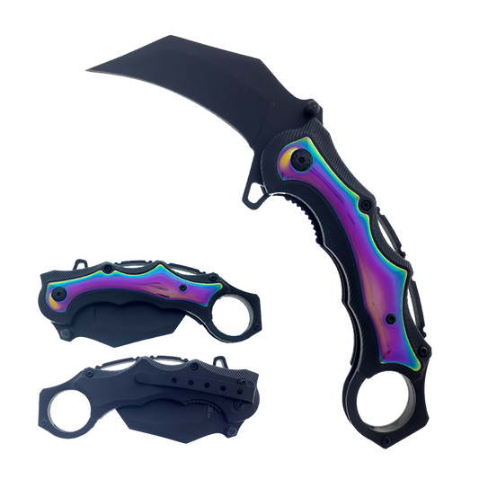 Falcon 7" Overall Semi-Automatic Folding Knife Mirror Glazed Titanium Steel Handle Rainbow