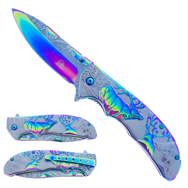 Falcon 8 1/2" Overall In Length Knife w Silver/Rainbow Deer Design