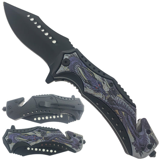 7.75" Spring Assisted Knife ABS Inlaid Purple Dragon 3D Printing Handle