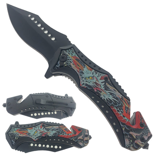 7.75" Spring Assisted Knife ABS Inlaid Blue/Red Dragon 3D Printing Handle