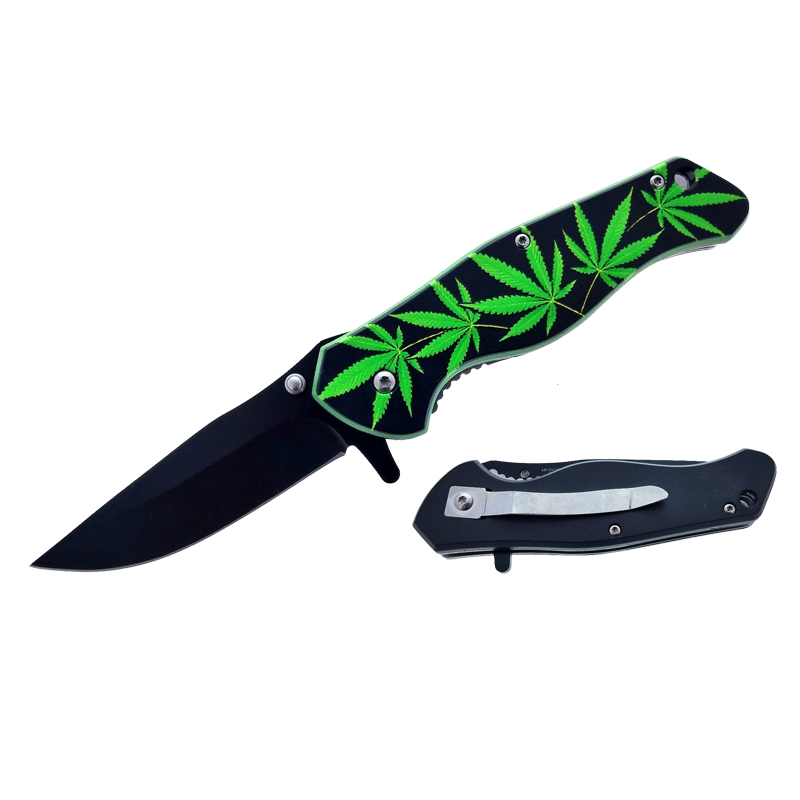 7.5" Spring Assisted Pocket Knife Green Marijuana Handle