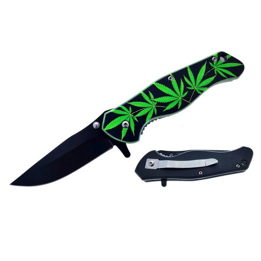 7.5" Spring Assisted Pocket Knife Green Marijuana Handle