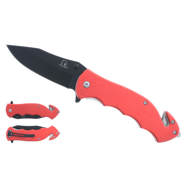 Falcon 8" Black Blade Red Handle Spring Assisted Knife