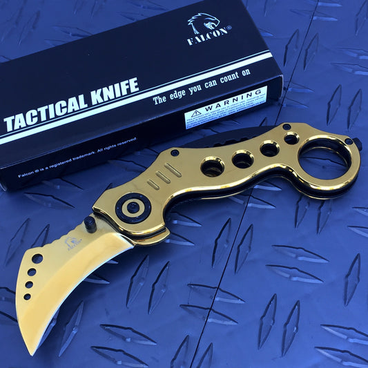 Falcon 7.5" Overall Gold Spring Assisted Karambit Knife