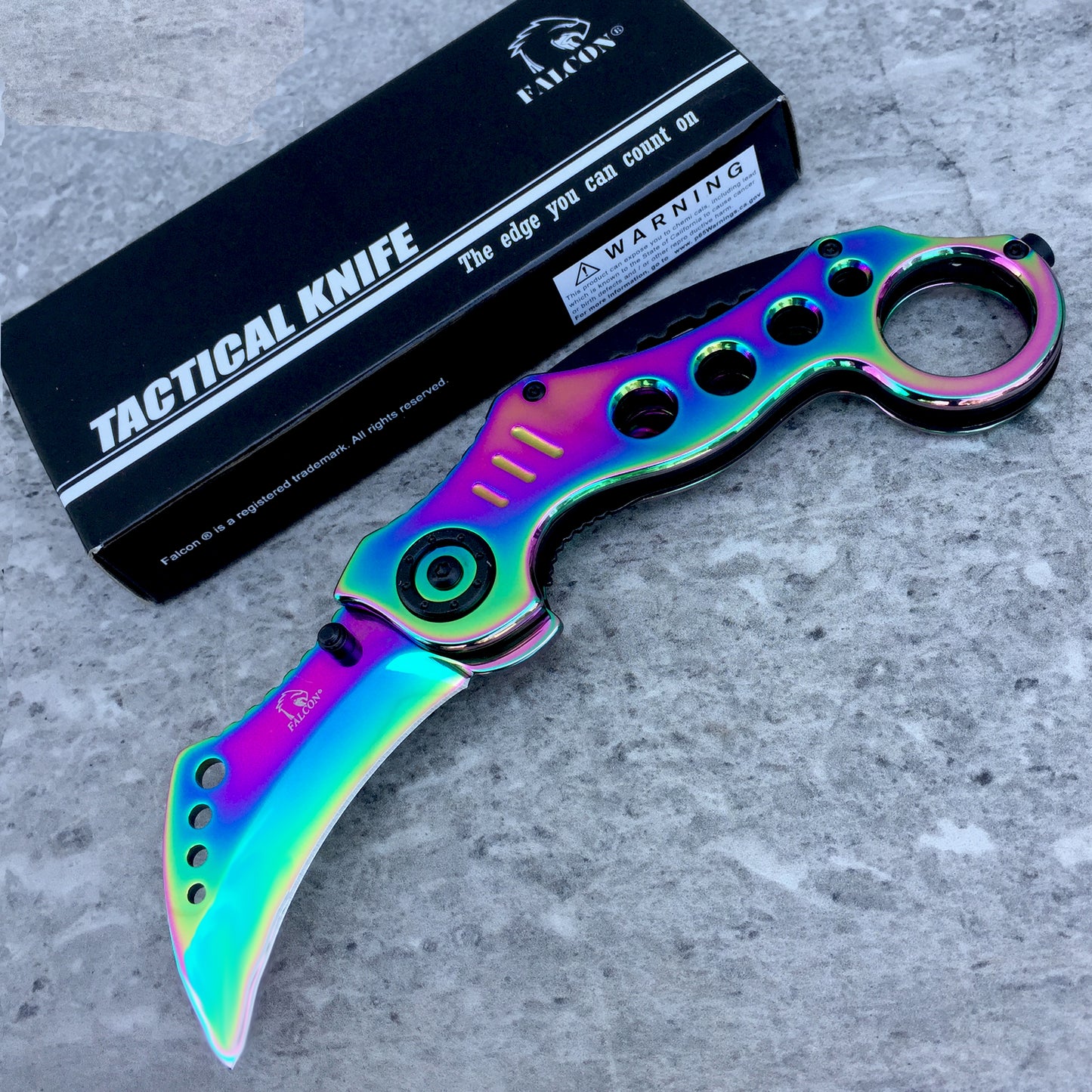 Falcon 7.5" Overall Rainbow Spring Assisted Karambit Knife
