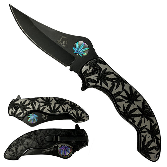 Falcon 7.5" Spring Assisted Knife w/ Black ABS Marijuana Design