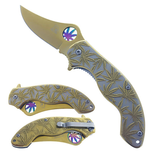 Falcon 7.5" Spring Assisted Knife w/ Gold ABS Marijuana Design