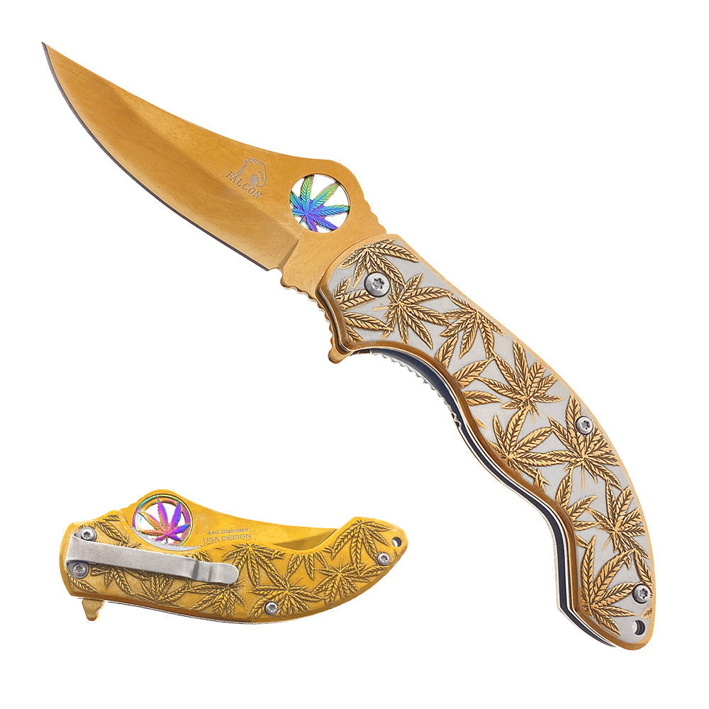 Wholesale Falcon Knives Distributor - Pocket Knife w/ Marijuana Design