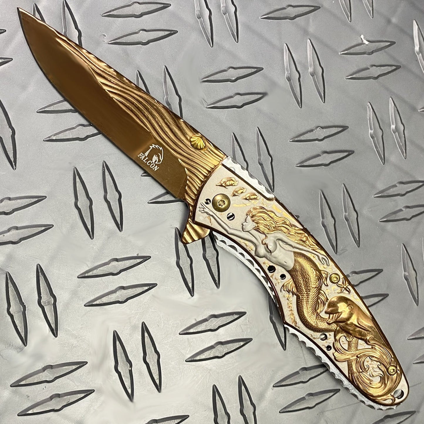 Falcon 8" Overall Knife W/ Gold Mermaid Design
