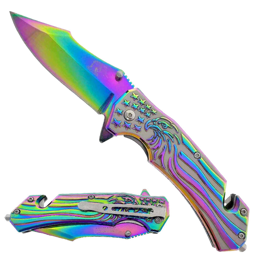 8 1/4"  Rainbow Spring Assisted Knife 3D Eagle w/Belt Clip