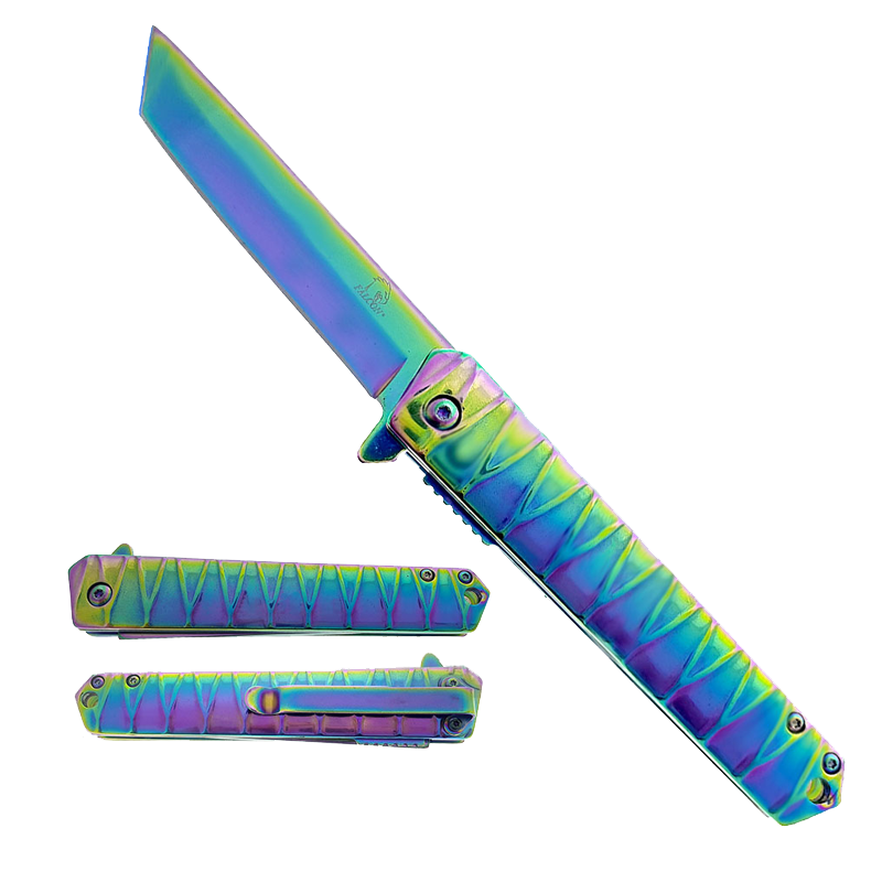 Falcon 7.75" Overall Semi-Automatic Tanto Spring Assisted Knife Rainbow