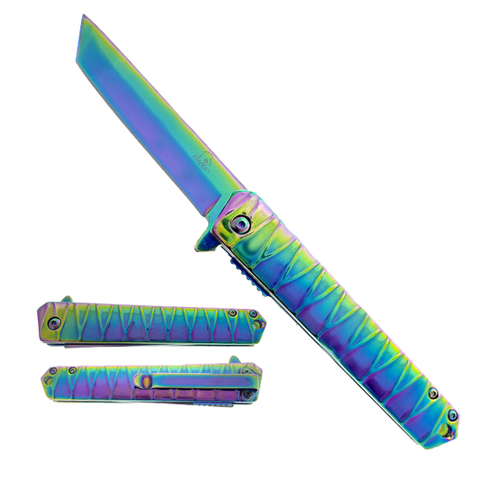 Falcon 7.75" Overall Semi-Automatic Tanto Spring Assisted Knife Rainbow