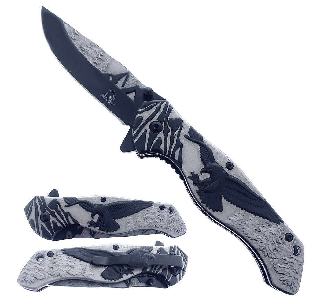 8-Inch Spring-Assisted Knife, Gray & Black Eagle Design | KS3778BK