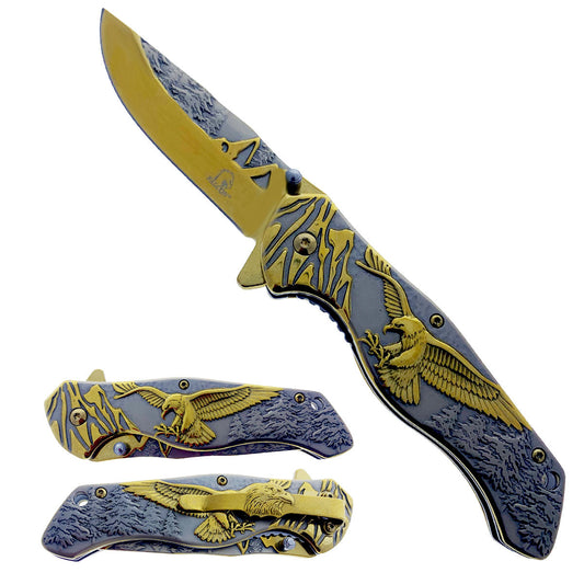 8 1/4" Overall Knife w Silver/Gold Eagle Design