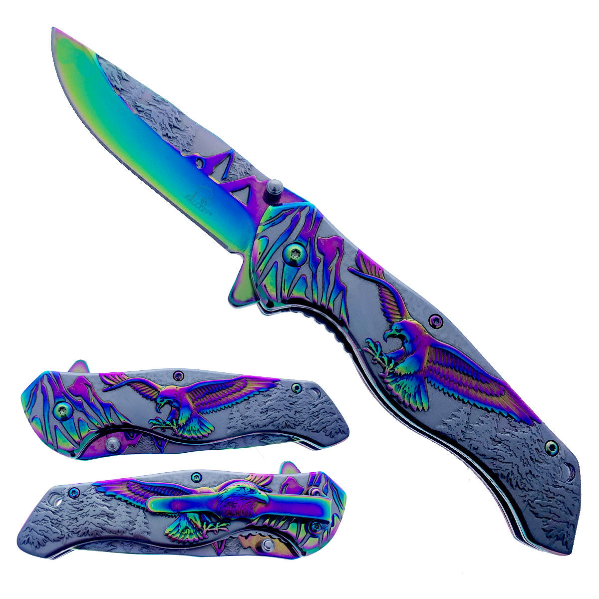 8 1/4" Overall Knife w Silver/Rainbow Eagle Design