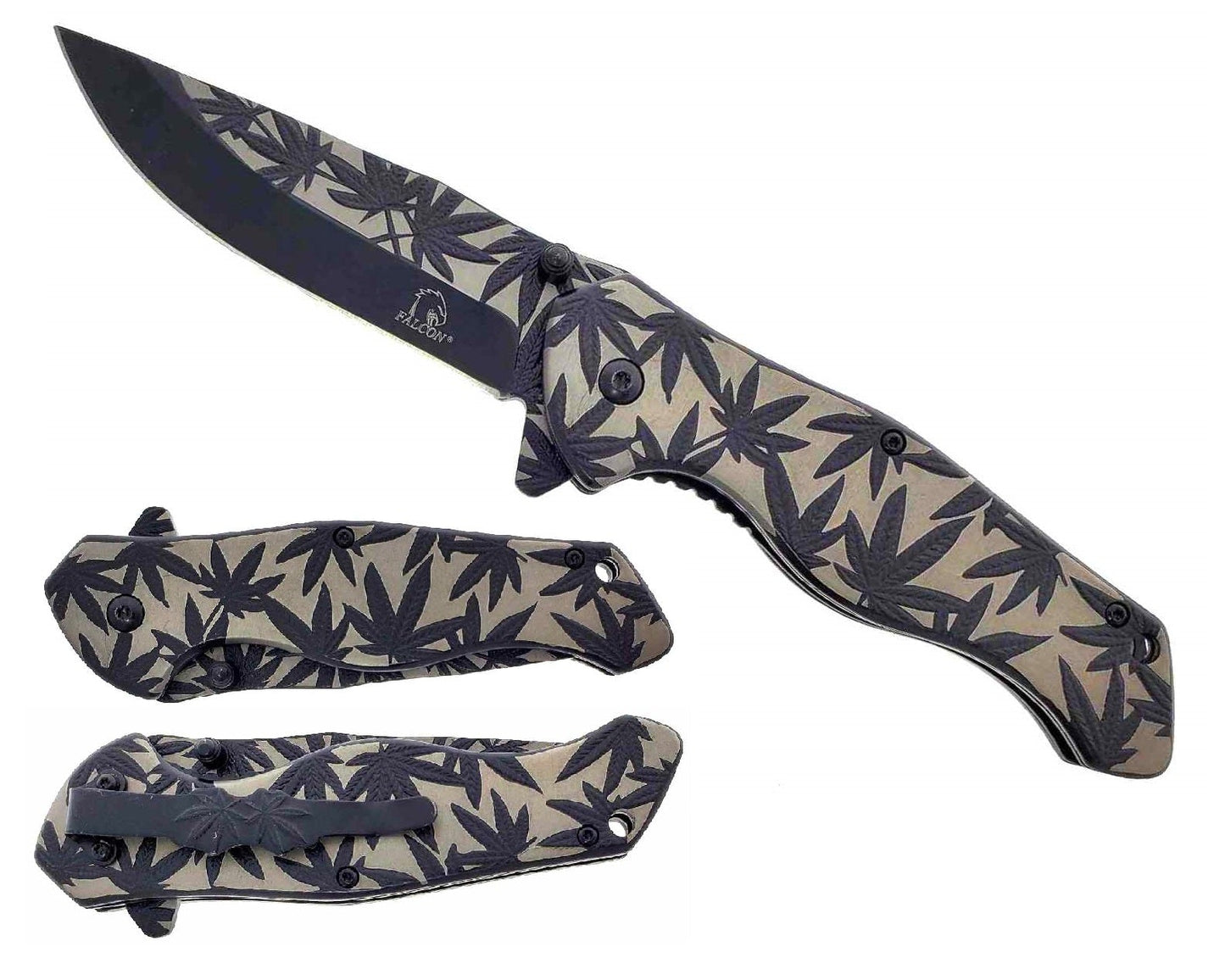 8" Overall Knife w Black Marijuana Design