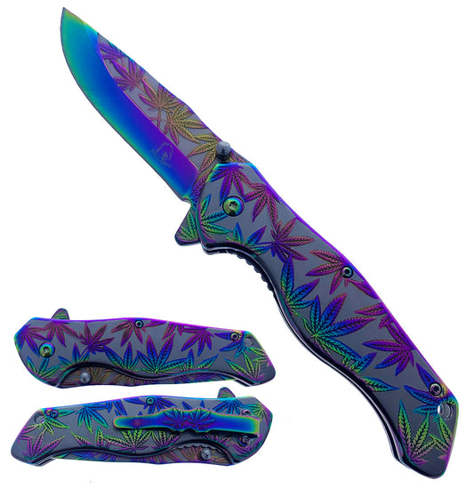 8" Overall Knife w Rainbow Marijuana Design