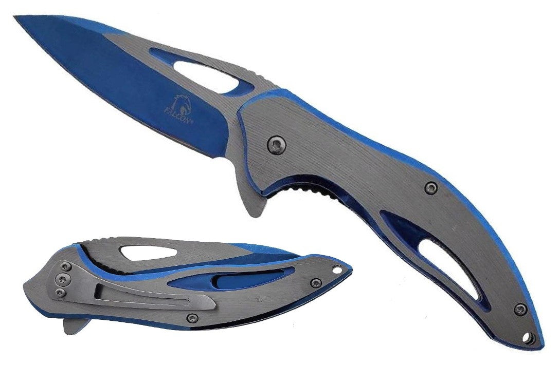 Falcon 7.75" Blue & Silver Spring Assisted Knife