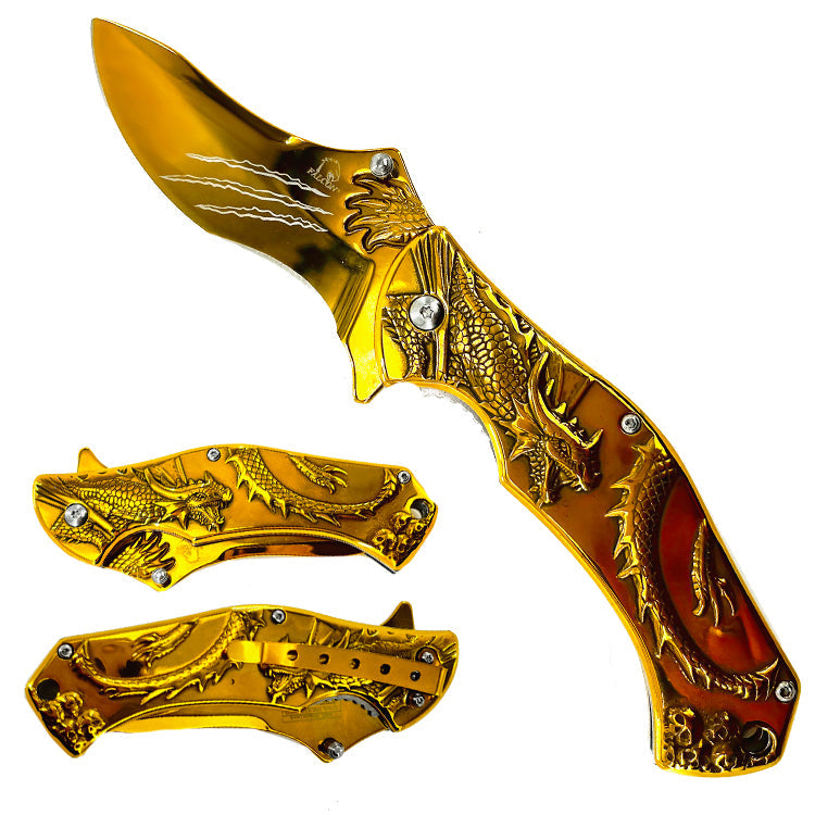 Falcon 7.75" Gold Semi Automatic Dragon Folding Knife