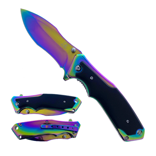 Falcon 7.75" Overall in Length Semi-Automatic Folding Knife Rainbow W/Black Wood Handle